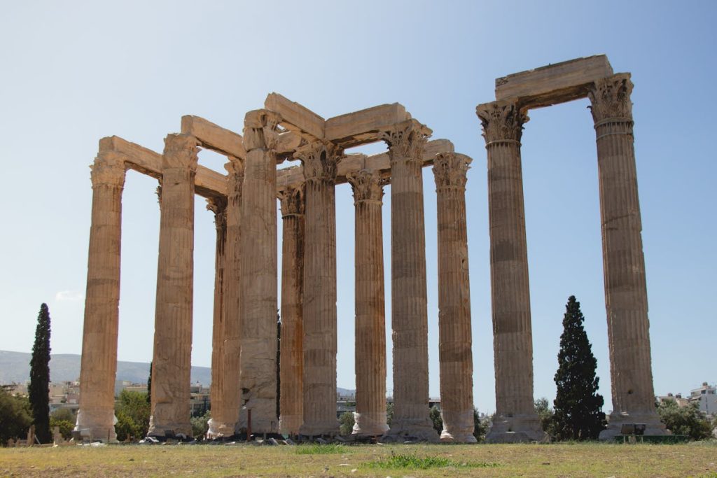 Ancient columns in a temple formation dedicated to Zeus. 