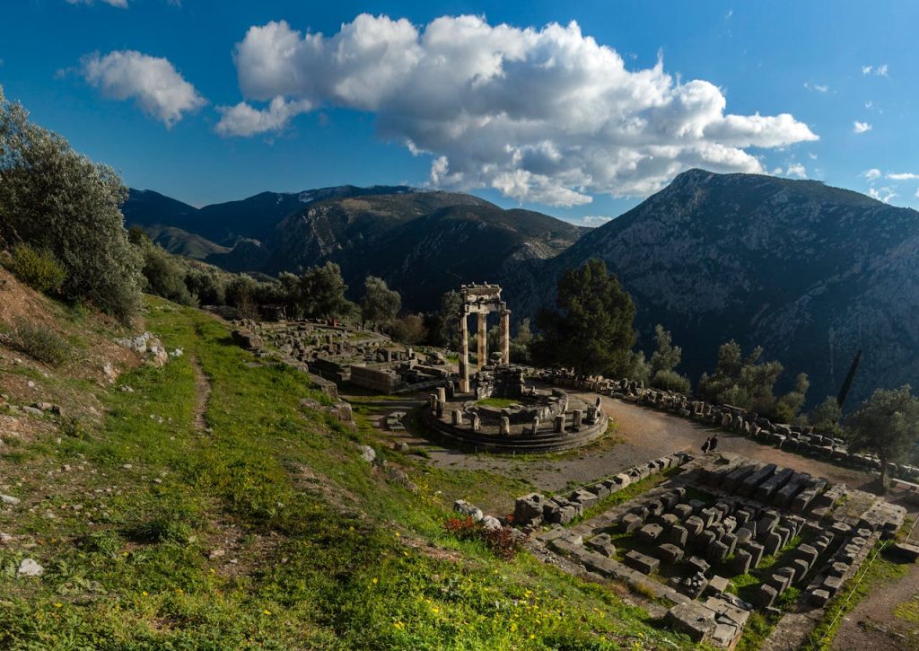 Areal view of the Tholos of Apollo at Delphi. 