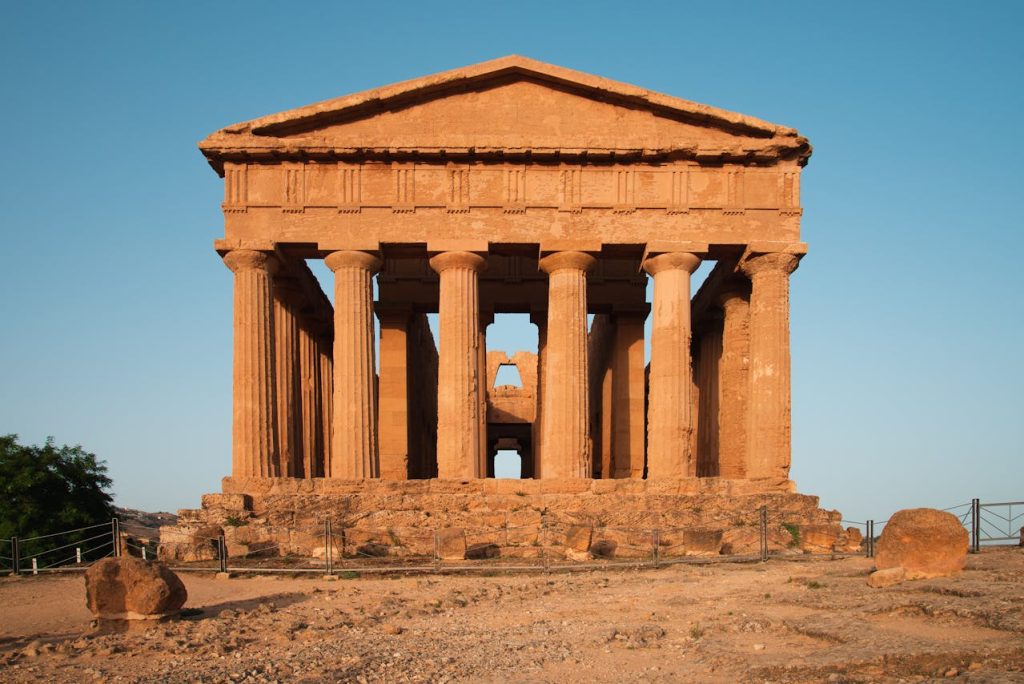 Front view of an ancient greek temple dedicated to Hermes. 