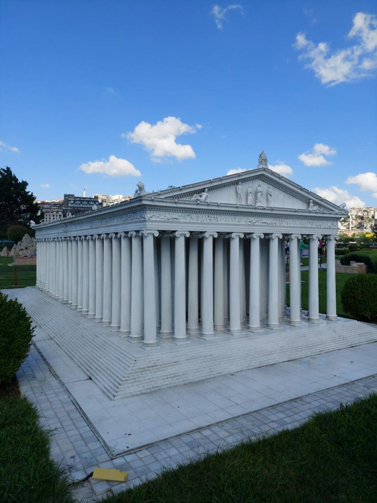 A front and side view of a temple dedicated to Artemis. It is in white marble. Located in Turkey.