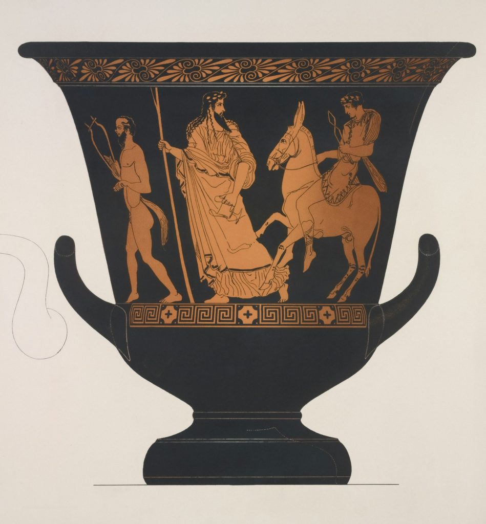 A vase where the image shows Dionysus giving Hephaestus fire. 