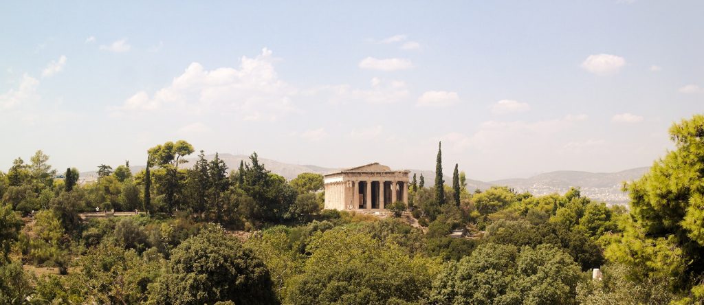 A temple dedicated to Hephaestus which is facing the Parthenon on Acropolis.